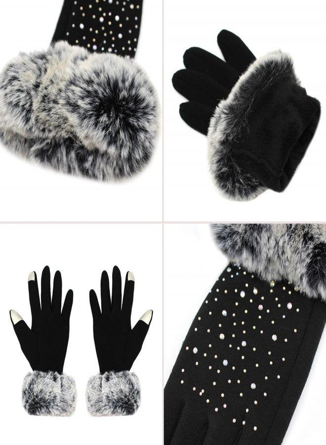 ZGMYC Women Touchscreen Fleece Lined Winter Gloves Luxurious Rhinestones Mittens with Rabbit Fur Cuffs Black - Image 4